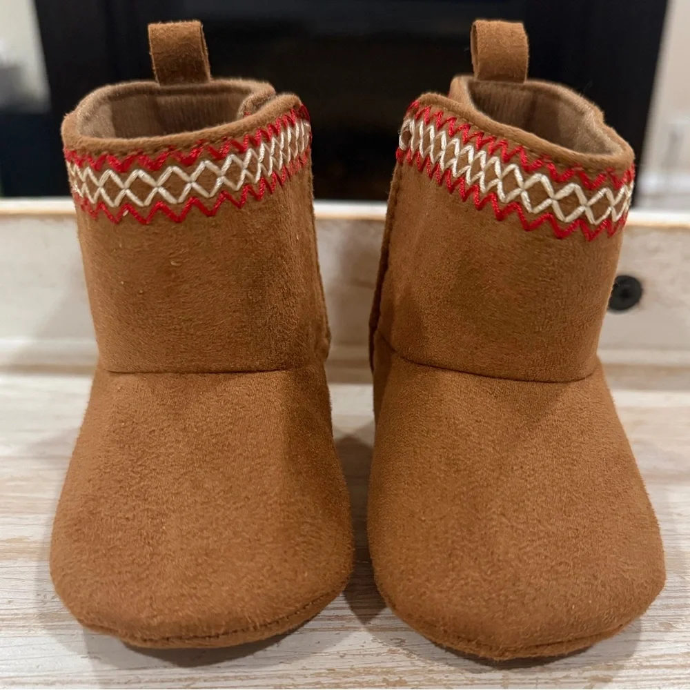 Avalanche Brown Suede Baby Boots with Red Trim (Size 6-9 months)